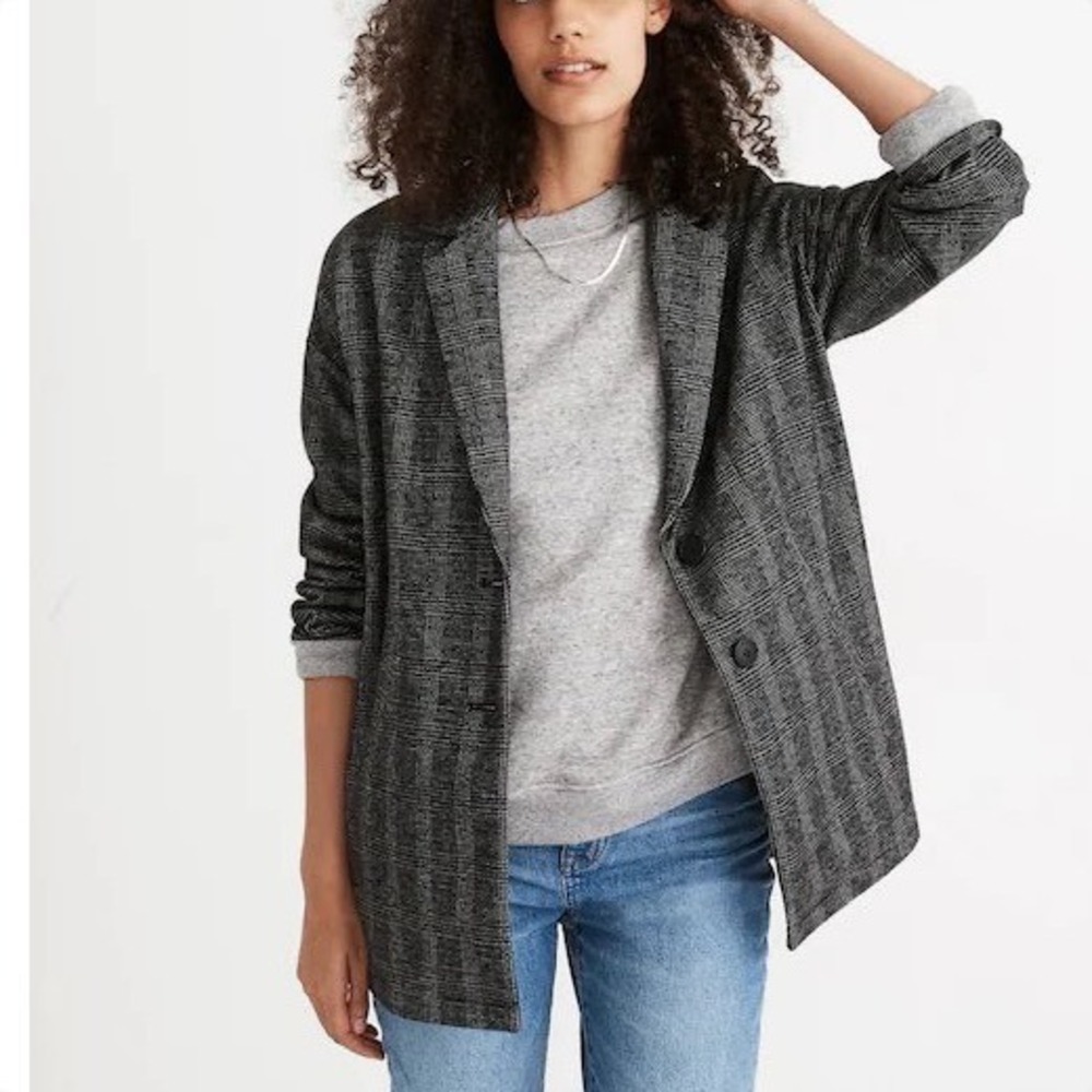Madewell Glen Plaid Knit Oversized Blazer Women's XS Almost Black Workwear Chic